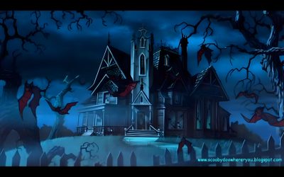 a creepy house with bats flying around it Scooby Doo Halloween 1920x1080 Scooby Doo Haunted House Movie, Scooby Doo Mansion, Scooby Doo Cartoon Background, midnight blue