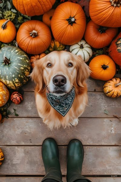 a golden retriever dog wearing a bandana standing in front of pumpkins and gourds Golden Retriever Halloween Autumn Dog Photoshoot, Fall Pet Photoshoot Ideas, Dog Holiday Photoshoot, sienna