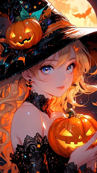 a girl wearing a witches hat holding a pumpkin in front of a full moon background Anime Halloween Halloween Dp, Halloween Profile Pics Anime, Halloween Pfp Witch, sienna