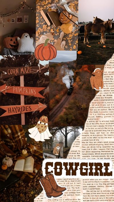 a collage of images with words and pictures on them, including horses, pumpkins, hay Halloween Cowgirl Country Halloween, Country Fall, Western Halloween, Paradise Love, saddle brown