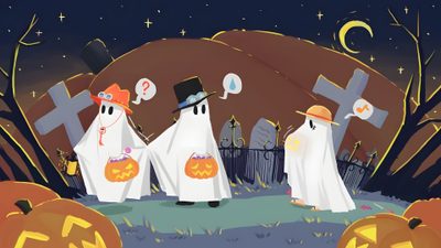 three halloween ghostes with pumpkins in front of a cemetery One Piece Halloween 4k One Piece Landscape Laptop, One Piece Fall, One Piece Luffy Halloween, dark olive green