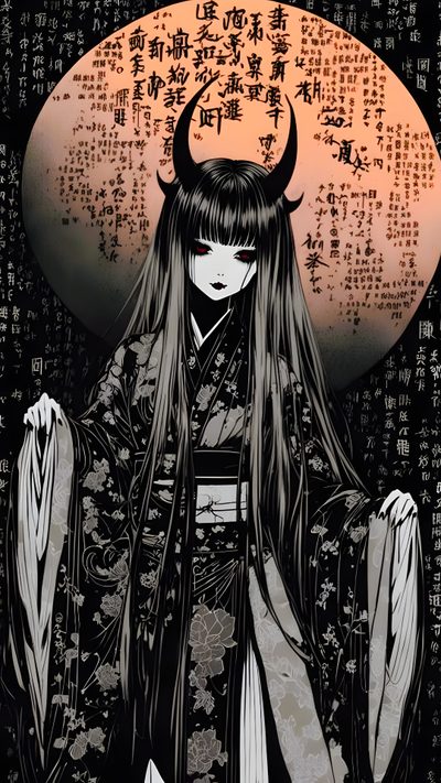 an anime character with long hair and horns on her head standing in front of a full moon Japanese Halloween Japanese Gothic Aesthetic, Gothic Japanese Aesthetic, Gothic Japan, dark slate gray