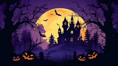an image of a halloween scene with pumpkins Halloween Banner With Forest Spooky Halloween Scene, Pc Halloween, Horizontal Halloween, midnight blue