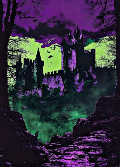 an image of a castle in the woods at night with green and purple lights on it Purple And Green Halloween Castlevania, Purple Goth, L, Purple Halloween, Purple Aesthetic, dark slate gray