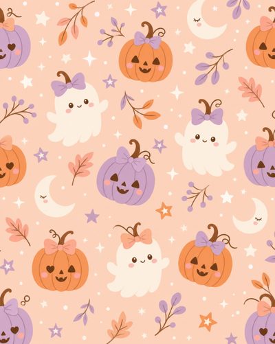 a pattern with pumpkins, cats and stars on a pink background that is seamless Pastel Halloween Medium-pumpkin Patch Ghost Party, Ghost, Pastel, peach puff