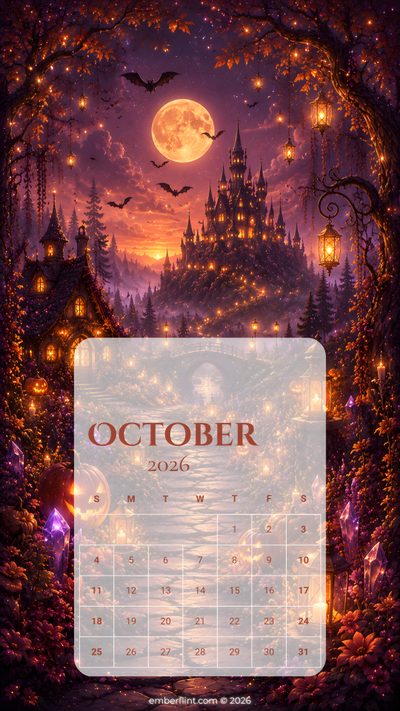 Halloween-inspired October 2026 phone calendar wallpaper featuring glowing pumpkins, bats, lanterns, a fantasy castle, and an orange moon in a magical autumn landscape. Halloween Calendar Calendar Background, Hello July, Hello August, Hello November, Glow Pumpkin, saddle brown