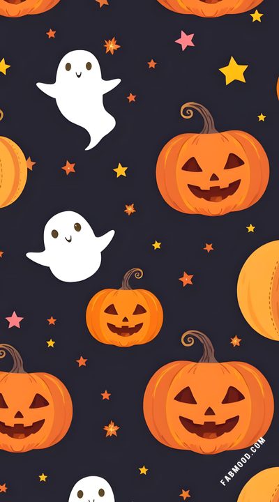 halloween pumpkins with ghost faces and stars on a black background for wallpaper or fabric Halloween Pumpkins And Stars Scattered Spirit Halloween, Halloween Pumpkins, Colorful, dark slate gray