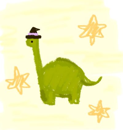 a drawing of a green dinosaur with stars in the background and a hat on its head Halloween Dinosaur Aesthetic Dinosaur With Witch Hat Illustration, Diy Halloween Decorations, Green Dinosaur Cartoon, light yellow
