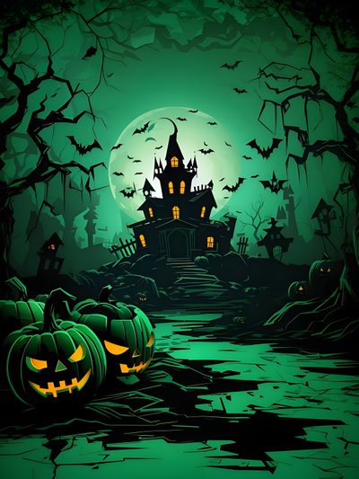 halloween pumpkins on the ground in front of a creepy house Green Halloween Halloween Dark Green Background, Black And Green Halloween, Green Background Spooky Art,