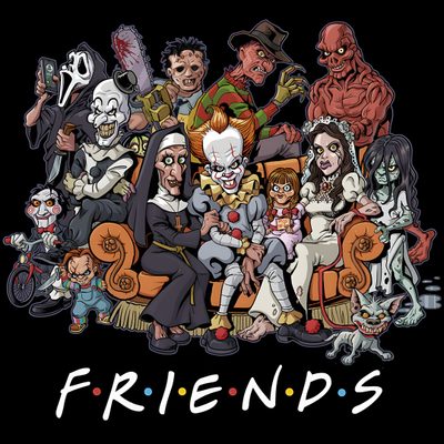 a group of cartoon characters sitting on top of a couch with the words friends written below them Halloween Horror Friends Friends Horror, All Horror Movie Characters Together, Horror Characters All Together, black