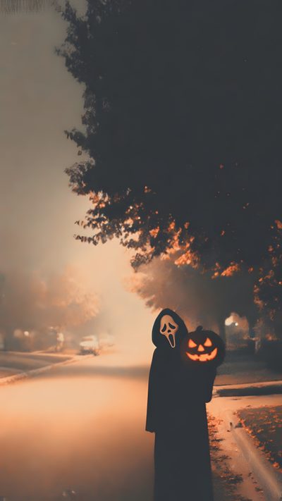 a person wearing a jack o lantern mask standing on the side of a road at night Aesthetic Edgy Aesthetic Halloween Halloween Movies List, Future, Scary, dark olive green