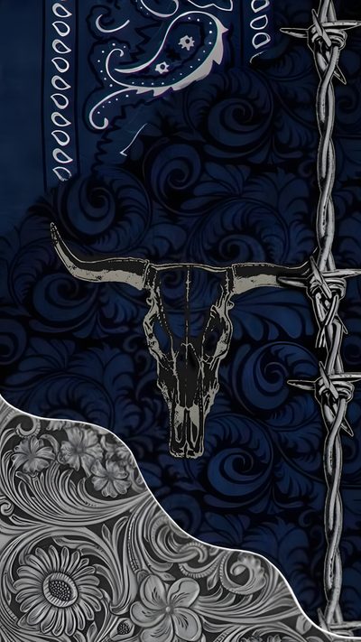 a cow skull on a blue and white background with intricate designs in the corner, Aesthetic Western Halloween Western Iphone, Barrel Racer, Cute Images For, Cute Images, Phone Themes, black