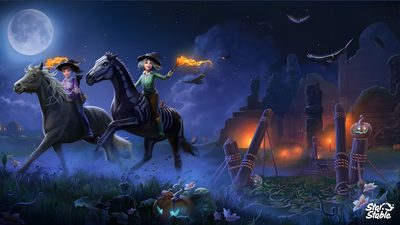 two people riding horses in front of a full moon and cemetery with bats flying overhead Cute Halloween Horse Sso Halloween, Star Stable Halloween Background, Autumn Star Stable Background, dark slate gray