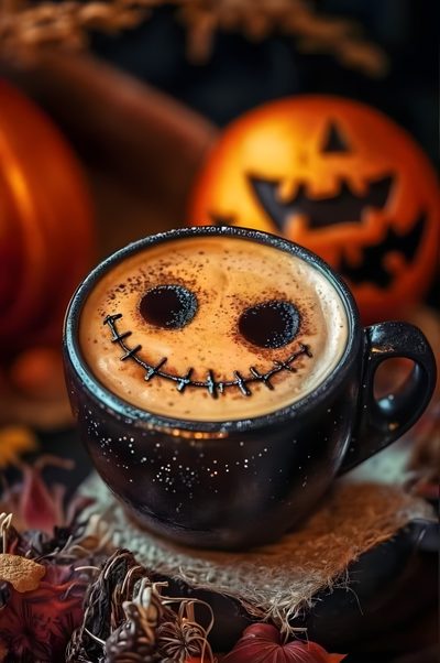 a cup of coffee decorated like a jack - o'- lantern sits in front of pumpkins Halloween Coffee Latte Art Halloween, Spooky Coffee Drinks, Thanksgiving Coffee, maroon