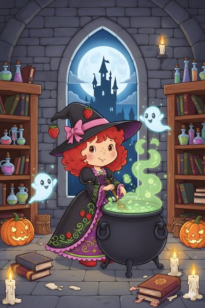 a little red haired girl dressed as a witch with a caulder full of green liquid Strawberry Shortcake Halloween Witch Halloween Cute, Halloween, Drawings, dim gray