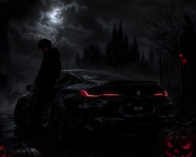 a man standing next to a car in front of a dark castle with red lights Bmw Halloween Gothic Halloween, Night Vibes, Red Eyes, Dark Aesthetic, Luxury Cars, Bmw, black