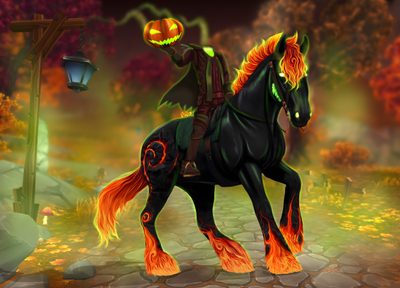 a man riding on the back of a black horse next to a jack o lantern Star Stable Halloween 4k Fantasy Halloween Horse, Star Stable Halloween Horse, Star Stable Dragon Horse, saddle brown