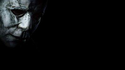 a man with white makeup and black hair wearing a creepy mask, in the dark Halloween Myers Horror Movie Laptop, Terrifier Black Background, Laptop Horror Movie,