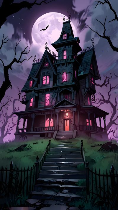 a creepy house with stairs leading up to it Halloween House Ideas Haunted House Colors, Scary Mansion, Spooky Mansion, dark slate gray
