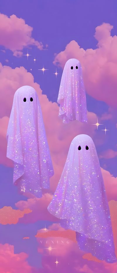 three ghost floating in the sky with stars Cute Halloween Purple Ghost Cute Halloween For Phone, Halloween Aesthetics, Spooky Iphone, medium orchid