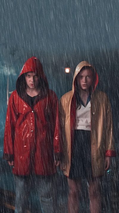 two young men walking in the rain with umbrellas over their heads and one man wearing a red jacket Matching Stranger Things And Halloween Characters Stranger Things Poster, Bobble Head, Stranger Things, dark slate gray