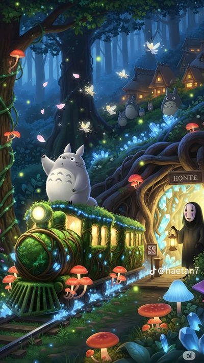 an anime scene with a train in the forest and totoro on the tracks Totoro Halloween Iphone Christmas, Studio Ghibli Christmas, Totoro 3d, dark slate gray