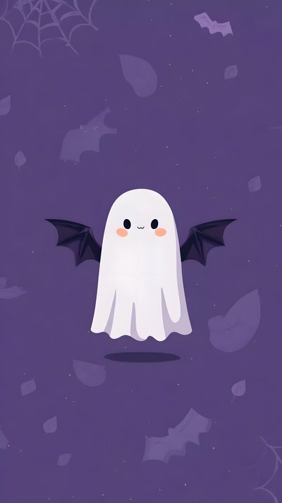 a white ghost with black wings flying through the air on a purple background surrounded by bats Cute Halloween Purple Ghost Halloween Cute Ghost, Cute Halloween Purple Ghost, Cute Cartoon Ghost Background, dark slate blue