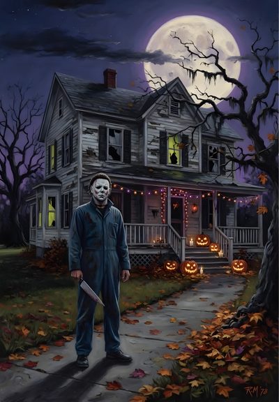 a painting of a man standing in front of a house with pumpkins on the ground Michel Myers Halloween Iphone 80s Horror Artwork, Michael Myers Art, Halloween Live, dark slate gray