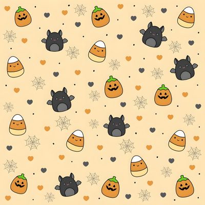 an image of halloween pumpkins and cats on a beige background with stars, hearts and snowflakes Cute Halloween Squishmallow Cute Halloween Illustration, Cute Halloween Pattern With Bats And Pumpkins, Diy Halloween Craft Inspiration, moccasin