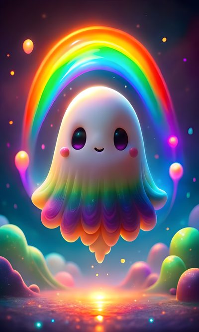 a rainbow jelly floating in the sky with bubbles Rainbow Halloween Holographic Ghost, Ghosts And Bats, Glitter Ghost, Happy Halloween Cute, dim gray
