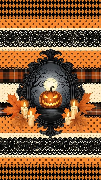 a halloween card with pumpkins and candles in the center on an orange, black and white striped background Halloween Celtic Tiles Custom Halloween Backdrop, Gothic Halloween, Art Prompts, Halloween, sienna