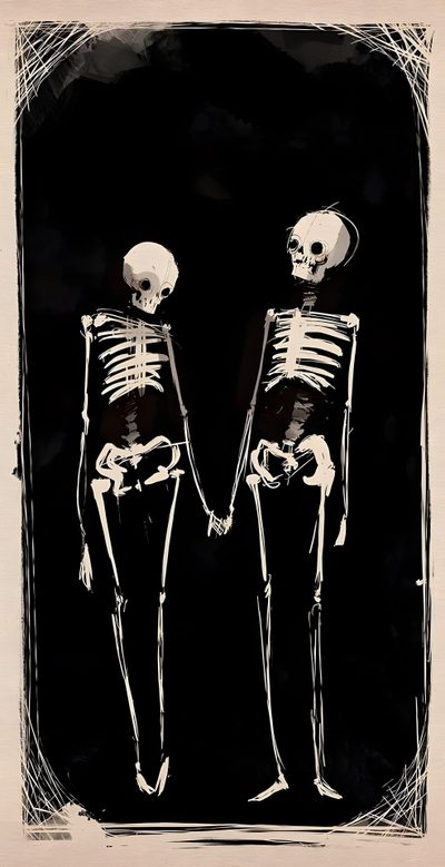 two skeletons standing next to each other holding hands Halloween Skeletons Arte Doodle, Image Halloween, Manifesti Grafici, Skeleton Art, Cool Art, Halloween, black