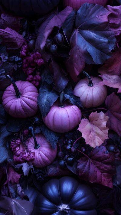 purple and black pumpkins surrounded by leaves Halloween Purple Pumpkin Purple Halloween Background Aesthetic, Purple Fall Iphone, Purple Autumn Phone, midnight blue