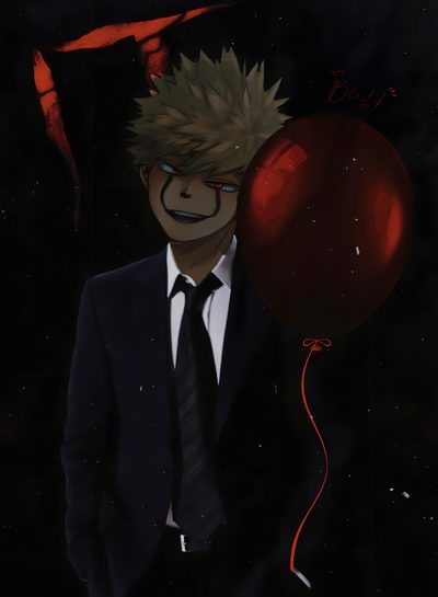a man in a suit and tie holding a red balloon Bakugou Halloween My Hero Academia Bakugo Villain, Bakugo In Squid Game, Fanart Kacchan Villano Fanart, black