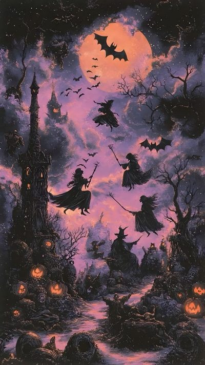 a painting of witches flying in the night sky over a castle with bats and pumpkins Vintage Halloween- Bobcats Castle Spooky Background Aesthetic, Halloween Violet, Halloween Dark Aesthetic, dark slate gray