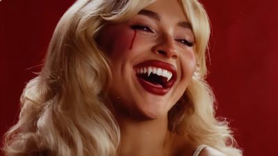 a woman with blood on her face and mouth is smiling for the camera while wearing a white dress Sabrina Carpenter Halloween Sabrina Tears, Sabrina Carpenter Tears, Sabrina Carpenter Tears Mv, saddle brown