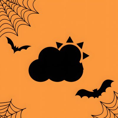 an orange background with black bats and a cloud in the center, on top of a spider web Halloween App Icons Halloween Weather App Icon, App Icon Halloween Aesthetic, Halloween Iphone Icons, coral