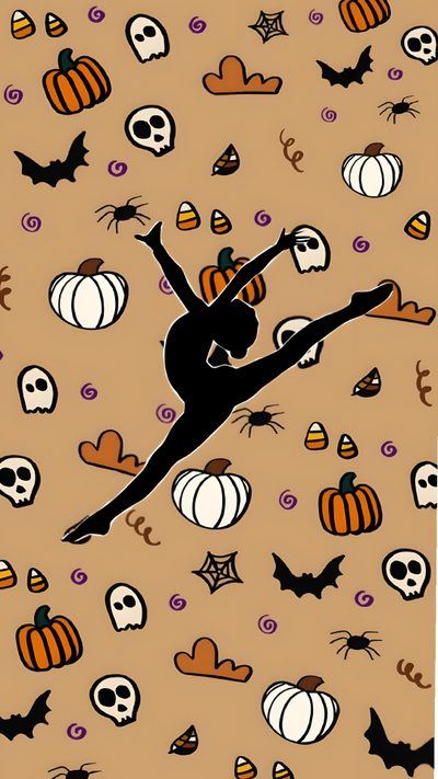 a woman is dancing in the air surrounded by pumpkins and skulls on a brown background Halloween Dance Halloween Dance, Gymnastics Iphone, Cute Gymnastics, Halloween Gymnastics, Gymnast, dark khaki