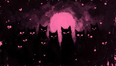a group of black cats standing in front of a full moon with pink hearts on it Dark Pink Halloween Notion Cover Aesthetic High Quality, Alt Laptop, 2048 X 1152 Banner, black