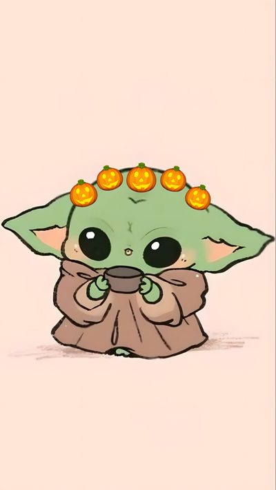 the baby yoda with pumpkins on its head is sitting in front of a pink background Cute Baby Yoda Halloween Enamel Pins, Cute Baby Yoda Halloween, Cute Kawaii Baby Yoda, antique white