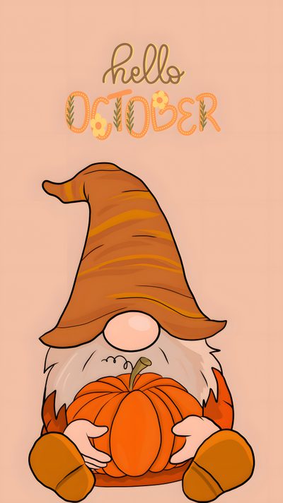 a cartoon gnome holding a pumpkin with the words hello october on it's side Halloween Hello October October Pictures To Draw, Cute October, Hello October Cartoon, October Cute, burlywood