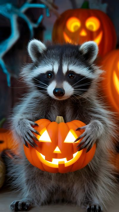 a raccoon holding a jack - o'- lantern in front of pumpkins Halloween Raccoon Halloween Raccoon Gif, Raccoons Eat Pumpkins, Halloween Animal Pictures, dark olive green