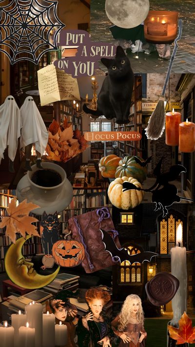 a collage of halloween items including candles, pumpkins and books with witches on them Vintage Halloween Collage Autumn Spooky Aesthetic, Aesthetic Halloween Tablet, Aesthetic Halloween, dark olive green