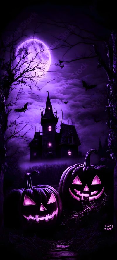 two jack o lantern pumpkins in front of a creepy house Dark Purple Halloween Dark Halloween, Halloween Realistic, Halloween Purple, Purple Halloween, black