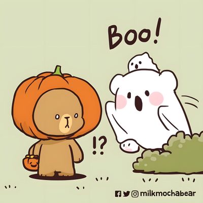 an animal with a pumpkin on its head next to a ghost Milk And Mocha Halloween Milk And Mocha Thanksgiving, Mocha And Milk Bear Matching Pfp Halloween, Milk And Mocha Matching Icons Halloween, light gray