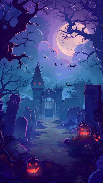 a creepy graveyard with pumpkins and bats Halloween Illustration Halloween Decoration Ideas, Halloween Night Illustration, Spooky Cemetery Art, dark slate blue