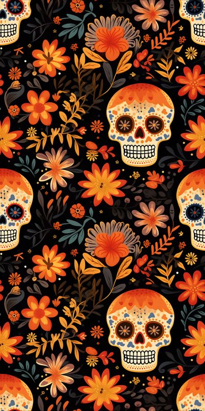 a colorful skull with flowers and leaves on a black background seamless wallpaper pattern Mexican Halloween Mexico Aesthetic, Mexican Halloween, Day Of The Dead Art, Mexican Skulls, black