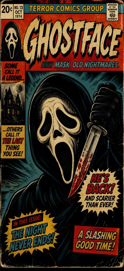 an old comic book cover with a creepy mask holding a knife in it's mouth Retro Halloween Iphone Horror Comic, Ghost Face, Ghostface, Vintage Halloween Art, black