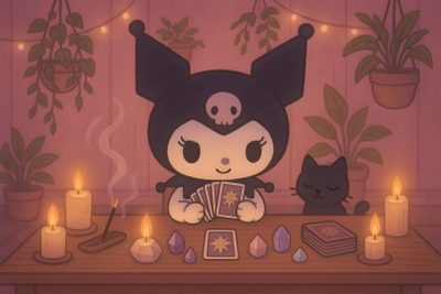 a table topped with candles and an animal figurine sitting on top of it Chromebook Kuromi Halloween Macbook Halloween, Sanrio Desktop, Kuromi Facebook Cover Photo, sienna