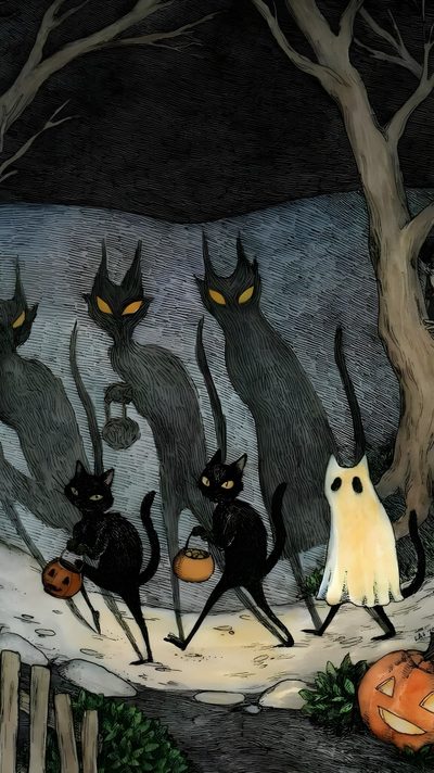 three black cats are walking in the snow with pumpkins and jack - o'- lanterns Vintage Halloween Cat Halloween Aesthetic, Retro Halloween, Spooky Halloween, dark slate gray